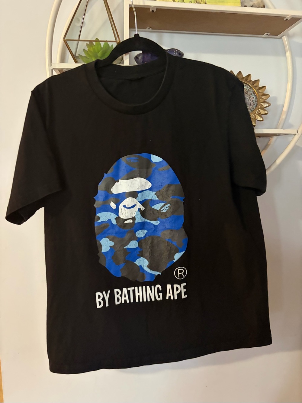 Bape By Bathing Ape Mens Small S Black Tee with Blue Camo Ape Head